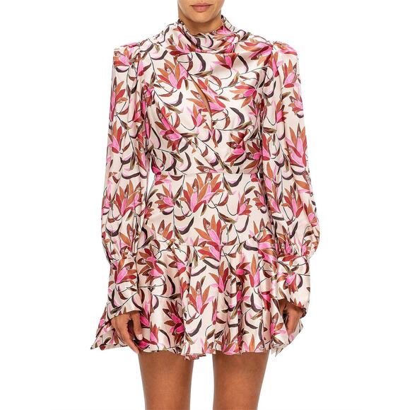 Acler Coleman Mini Dress Pink Wandering Floral Sz 6 Cowl Neck Long Sleeve Flared - Picture 2 of 11